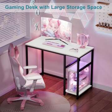 SINPAID Computer Desk 40 inches with 2-Tier Shelves Sturdy Home Office Desk with Large Storage Space Modern Gaming Desk Study Writing Laptop Table, White Desk