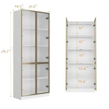 Homsee Bookcase Bookshelf with 5-Tier Shelves, 4 Glass Doors and LED Lights, Wooden Display Storage ...