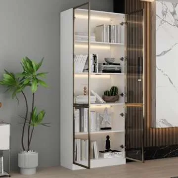 Homsee Bookcase Bookshelf with 5-Tier Shelves, 4 Glass Doors and LED Lights, Wooden Display Storage Cabinet for Home Office, Living Room, White (31.5”W x 14.2”D x 78.7”H)