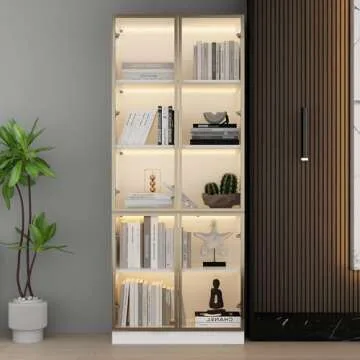 Homsee Bookcase Bookshelf with 5-Tier Shelves, 4 Glass Doors and LED Lights, Wooden Display Storage Cabinet for Home Office, Living Room, White (31.5”W x 14.2”D x 78.7”H)