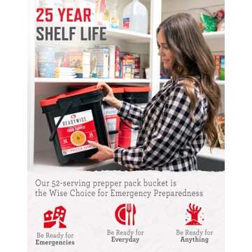 READYWISE - Prepper Pack Bucket, 52 Servings, Emergency, MRE Meal & Drink Supply, Premade, Freeze Dried Survival Food, Hiking, Adventure & Camping Essentials, Individually Packaged, 25 Year Shelf Life