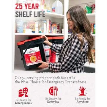 READYWISE - Prepper Pack Bucket, 52 Servings, Emergency, MRE Meal & Drink Supply, Premade, Freeze Dried Survival Food, Hiking, Adventure & Camping Essentials, Individually Packaged, 25 Year Shelf Life