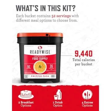 READYWISE - Prepper Pack Bucket, 52 Servings, Emergency, MRE Meal & Drink Supply, Premade, Freeze Dried Survival Food, Hiking, Adventure & Camping Essentials, Individually Packaged, 25 Year Shelf Life