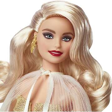 Barbie Signature 2023 Holiday Doll, Blonde Hair Wearing Golden Gown, Collectible with Doll Stand & C...