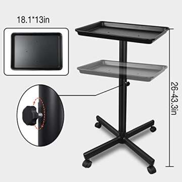 FWOD BIBTO Salon Tray, Metal Feet Salon Tray Cart, Salon Rolling Tray with Adjustable Height, Metal Salon Tray on Wheels, Dentist Tray, Tattoo Tray for Salon and SPA Use