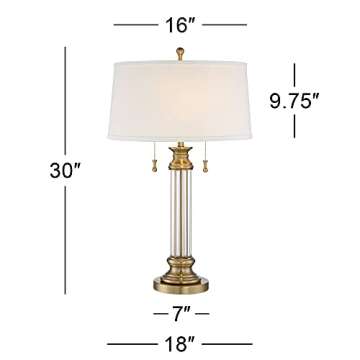Vienna Full Spectrum Rolland Traditional Table Lamp 30" Tall Antique Brass Crystal Column Off White Tapered Drum Shade Decor for Living Room Bedroom House Bedside Nightstand Home Office Entryway