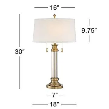 Vienna Full Spectrum Rolland Traditional Table Lamp 30" Tall Antique Brass Crystal Column Off White Tapered Drum Shade Decor for Living Room Bedroom House Bedside Nightstand Home Office Entryway