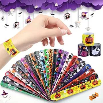 xutengy 48Pcs Halloween Party Favors Decorations Slap Bracelets Rubber Wristbands, Trick or Treat Party Favors, Classroom Prizes, Halloween Party Gift Treat Bag Filler Supply