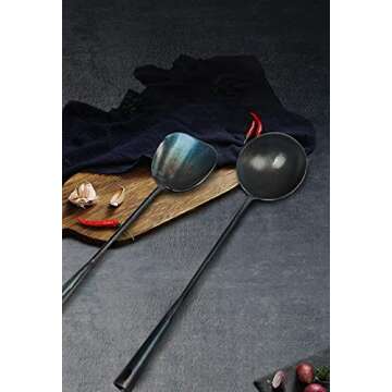 ZhenSanHuan Chinese Traditional HandMade Iron Spatula & Ladle Wok Tool Set,Long wok utensils (Ladle and Spatula Set)