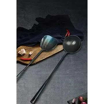 ZhenSanHuan Chinese Traditional HandMade Iron Spatula & Ladle Wok Tool Set,Long wok utensils (Ladle and Spatula Set)