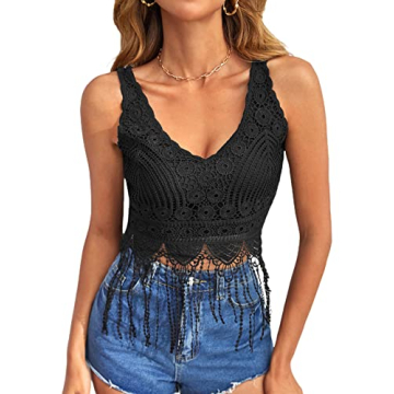 Verdusa 70s Outfits for Women Guipure Fringe V Neck Sleevelss Crop Tank Tops Black S