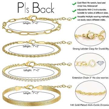 Gold Link Bracelets Sets for Women, 14K Gold Plated Dainty Classic Adjustable Paperclip Layered Brac...