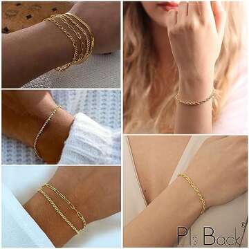 Gold Link Bracelets Sets for Women, 14K Gold Plated Dainty Classic Adjustable Paperclip Layered Bracelets, Fashion Simple Chain Tennis Bracelet with Zirconia, Jewelry Gifts 6.