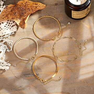 Gold Link Bracelets Sets for Women, 14K Gold Plated Dainty Classic Adjustable Paperclip Layered Bracelets, Fashion Simple Chain Tennis Bracelet with Zirconia, Jewelry Gifts 6.
