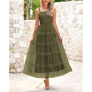 PRETTYGARDEN Women's Summer Dresses 2025 Sleeveless Smocked Tiered Ruffle Tulle A-Line Flowy Wedding Party Maxi Dress(Army Green,Small)