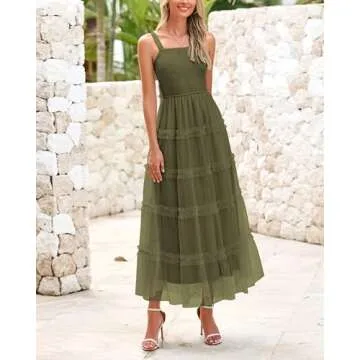 PRETTYGARDEN Women's Summer Dresses 2025 Sleeveless Smocked Tiered Ruffle Tulle A-Line Flowy Wedding Party Maxi Dress(Army Green,Small)