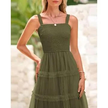 PRETTYGARDEN Women's Summer Dresses 2025 Sleeveless Smocked Tiered Ruffle Tulle A-Line Flowy Wedding Party Maxi Dress(Army Green,Small)