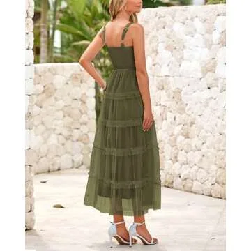 PRETTYGARDEN Women's Summer Dresses 2025 Sleeveless Smocked Tiered Ruffle Tulle A-Line Flowy Wedding Party Maxi Dress(Army Green,Small)