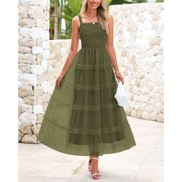 PRETTYGARDEN Women's Summer Dresses 2025 Sleeveless Smocked Tiered Ruffle Tulle A-Line Flowy Wedding Party Maxi Dress(Army Green,Small)
