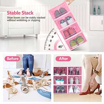 KPX 12 Pack Stackable Shoe Storage Organizer Plastic with Lid, Clear Shoe Boxes Drop Front, Shoe Containers Bins for Men’s Sneaker Women’s High Heels – Easy to Assemble (Pink)
