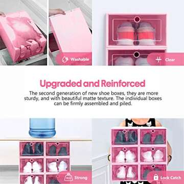 KPX 12 Pack Stackable Shoe Storage Organizer Plastic with Lid, Clear Shoe Boxes Drop Front, Shoe Containers Bins for Men’s Sneaker Women’s High Heels – Easy to Assemble (Pink)