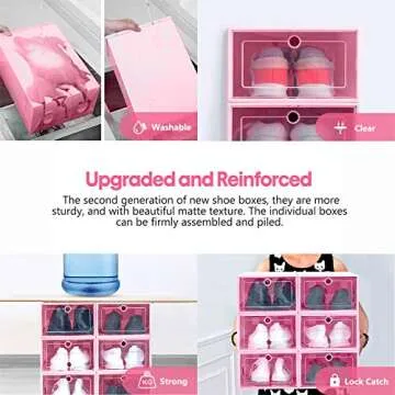 KPX 12 Pack Stackable Shoe Storage Organizer Plastic with Lid, Clear Shoe Boxes Drop Front, Shoe Containers Bins for Men’s Sneaker Women’s High Heels – Easy to Assemble (Pink)