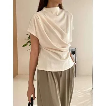 SweatyRocks Women's Casual Short Sleeve Mock Neck Tee Top Asymmetric Ruched Plain T Shirt Beige L