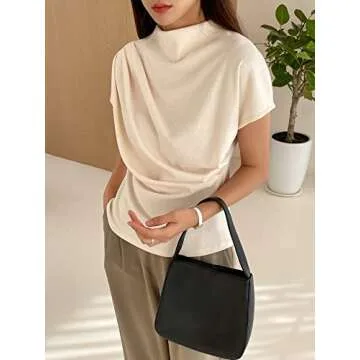 SweatyRocks Women's Casual Short Sleeve Mock Neck Tee Top Asymmetric Ruched Plain T Shirt Beige L