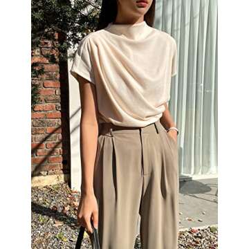 SweatyRocks Women's Casual Short Sleeve Mock Neck Tee Top Asymmetric Ruched Plain T Shirt Beige L