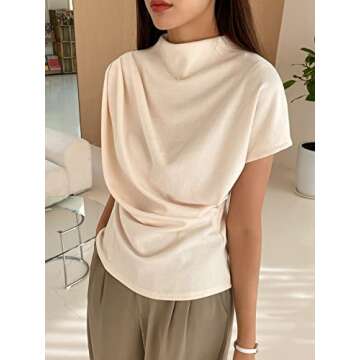 SweatyRocks Women's Casual Short Sleeve Mock Neck Tee Top Asymmetric Ruched Plain T Shirt Beige L