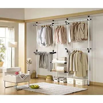 Prince Hanger Deluxe Pants & Shelf Hanger Heavy Duty One Touch Load 880LBS Clothing Racks for Hanging Clothes Metal Wardrobe Closet Garment Tension Rod Freestanding Ivory Height Adjustable PHUS-0052