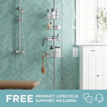 Zenna Home Tension Pole Shower Caddy with 4 L-Shaped Shelves with Hooks, Satin Nickel, 60-97 Inch ?...