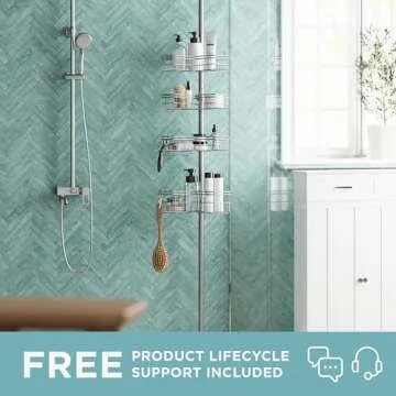 Zenna Home Tension Pole Shower Caddy with 4 L-Shaped Shelves with Hooks, Satin Nickel, 60-97 Inch ?...