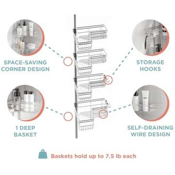 Zenna Home Tension Pole Shower Caddy with 4 L-Shaped Shelves with Hooks, Satin Nickel, 60-97 Inch – Rust-Resistant Corner Shower Organizer Shelf – Premium, Adjustable Shower Rack for Bath Essentials