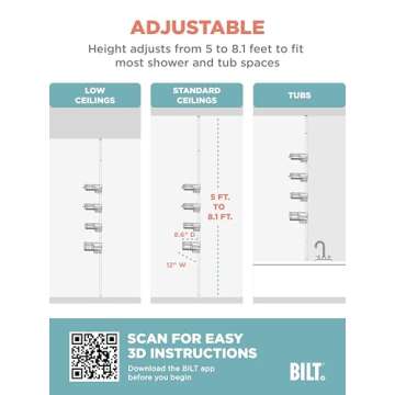Zenna Home Tension Pole Shower Caddy with 4 L-Shaped Shelves with Hooks, Satin Nickel, 60-97 Inch – Rust-Resistant Corner Shower Organizer Shelf – Premium, Adjustable Shower Rack for Bath Essentials