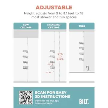 Zenna Home Tension Pole Shower Caddy with 4 L-Shaped Shelves with Hooks, Satin Nickel, 60-97 Inch – Rust-Resistant Corner Shower Organizer Shelf – Premium, Adjustable Shower Rack for Bath Essentials