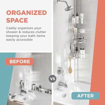 Zenna Home Tension Pole Shower Caddy with 4 L-Shaped Shelves with Hooks, Satin Nickel, 60-97 Inch – Rust-Resistant Corner Shower Organizer Shelf – Premium, Adjustable Shower Rack for Bath Essentials