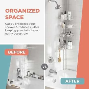 Zenna Home Tension Pole Shower Caddy with 4 L-Shaped Shelves with Hooks, Satin Nickel, 60-97 Inch – Rust-Resistant Corner Shower Organizer Shelf – Premium, Adjustable Shower Rack for Bath Essentials