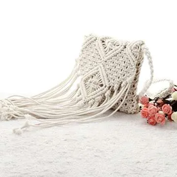 Aisa Womens Fringed Crochet Shoulder Bag Pouch Cotton Tassel Bohemian Beach Cross-body Bag White