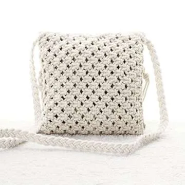 Aisa Womens Fringed Crochet Shoulder Bag Pouch Cotton Tassel Bohemian Beach Cross-body Bag White