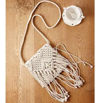 Aisa Womens Fringed Crochet Shoulder Bag Pouch Cotton Tassel Bohemian Beach Cross-body Bag White