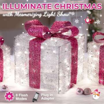 Christmas Decorations Hot Pink, Christmas Lighted Gift Boxes 140 LEDs Light Up Christmas Decor, 8 Modes & Timer Function Plug-in Lighted Christmas Boxes for Xmas Wedding Valentine's Day Indoor Outdoor