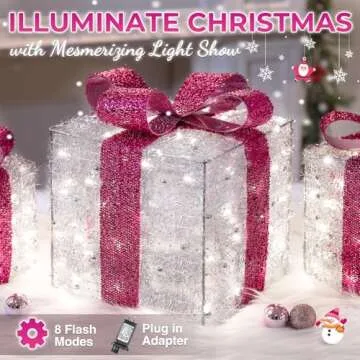 Christmas Decorations Hot Pink, Christmas Lighted Gift Boxes 140 LEDs Light Up Christmas Decor, 8 Modes & Timer Function Plug-in Lighted Christmas Boxes for Xmas Wedding Valentine's Day Indoor Outdoor