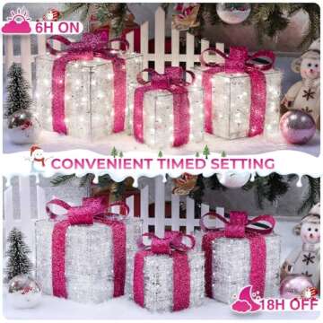 Christmas Decorations Hot Pink, Christmas Lighted Gift Boxes 140 LEDs Light Up Christmas Decor, 8 Modes & Timer Function Plug-in Lighted Christmas Boxes for Xmas Wedding Valentine's Day Indoor Outdoor