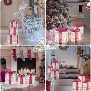 Christmas Decorations Hot Pink, Christmas Lighted Gift Boxes 140 LEDs Light Up Christmas Decor, 8 Modes & Timer Function Plug-in Lighted Christmas Boxes for Xmas Wedding Valentine's Day Indoor Outdoor