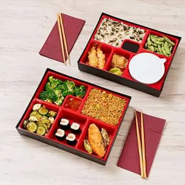 Restaurantware-12.2 x 9.8 x 2.4 Inch Compartment Lunch Container, 1 Japanese Style Adult Lunch Container - With 6 Compartments, Greaseproof, Black & Red Plastic Divided Lunch Box, Hot & Cold Food