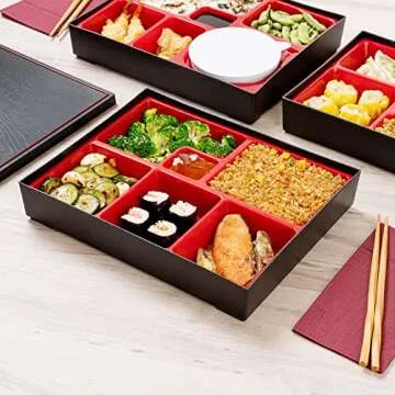 Restaurantware-12.2 x 9.8 x 2.4 Inch Compartment Lunch Container, 1 Japanese Style Adult Lunch Container - With 6 Compartments, Greaseproof, Black & Red Plastic Divided Lunch Box, Hot & Cold Food
