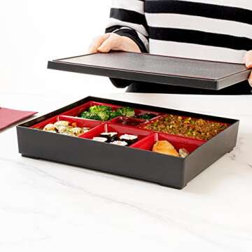 Restaurantware-12.2 x 9.8 x 2.4 Inch Compartment Lunch Container, 1 Japanese Style Adult Lunch Container - With 6 Compartments, Greaseproof, Black & Red Plastic Divided Lunch Box, Hot & Cold Food