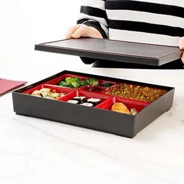 Restaurantware-12.2 x 9.8 x 2.4 Inch Compartment Lunch Container, 1 Japanese Style Adult Lunch Container - With 6 Compartments, Greaseproof, Black & Red Plastic Divided Lunch Box, Hot & Cold Food