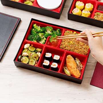 Restaurantware-12.2 x 9.8 x 2.4 Inch Compartment Lunch Container, 1 Japanese Style Adult Lunch Container - With 6 Compartments, Greaseproof, Black & Red Plastic Divided Lunch Box, Hot & Cold Food